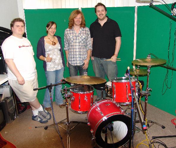 Members of the band Pretty Bricks with DJs Alan and Kim.